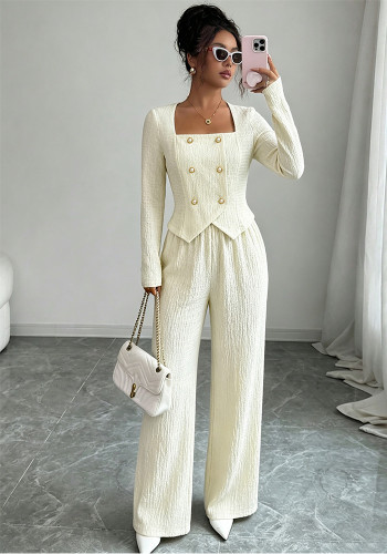 Women Square Neck Top & Wide Leg Pants Two-Piece Set