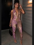 Women Sexy Halter V-Neck Backless Leopard Print Mesh Leopard Jumpsuit