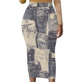 Summer Women's Casual Printed Elastic Waist Long Skirt