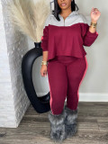 Autumn Winter Women's Casual Half Zip Turndown Collar Patchwork Top and Tight Fitting Pants Two-Piece Set
