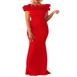 Women Solid Ruffle Hem African Mermaid Maxi Dress