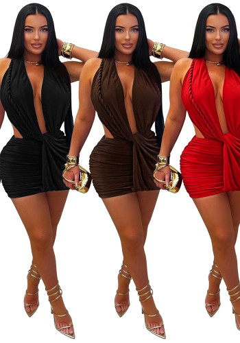 Women Sexy V-Neck Halter Solid Bodycon Dress