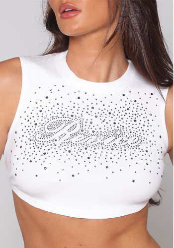 Women Beaded Sleeveless Round Neck Crop Top