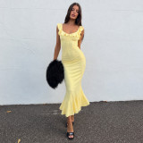 Women Summer Holiday Ruffle Tie Floral Sexy Slit Mermaid Maxi Dress