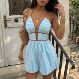 Women Summer V-Neck Halter Striped Jumpsuit