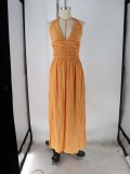 Summer Women's Sexy Holiday Halter Neck Deep V Low Back Split Elastic Waist Maxi Dress