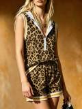 Women's Casual Leopard Print Hooded Sleeveless Vest and Shorts Two-Piece Set