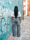 Women Washed Heart Print Cutout Detachable Lace-Up Denim Pants