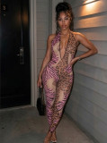 Women Sexy Halter V-Neck Backless Leopard Print Mesh Leopard Jumpsuit