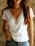 Summer Women's Sexy Mesh Patchwork V Neck Slim Fit Short Sleeve Top