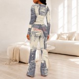 Autumn Women's Casual Printed Long Sleeve Top and Pants Stretch Sport Two-Piece Set