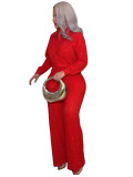 Women's Fashion Beaded Pleated Long Sleeve Turndown Collar Shirt and Wide Leg Pants Two-Piece Set