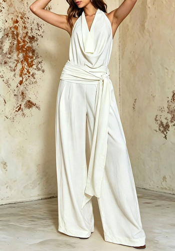 Women Summer Sexy Backless Tie Halter Wide Leg Jumpsuit