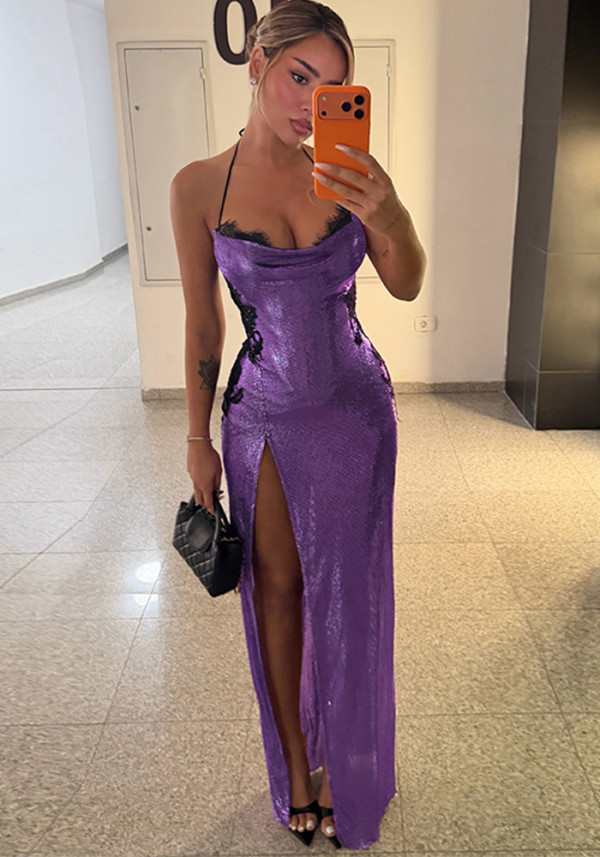 Women Summer Sexy Halter Lace Patchwork Slit Dress