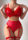 Women Red Fuzzy Trim Underwire Bra Panty Garter Lingerie Two-Piece Set