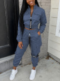 Women's Streetwear Cargo Letter Stand Collar Zip Jacket and Jogger Pants Two-Piece Set