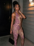 Women Sexy Halter V-Neck Backless Leopard Print Mesh Leopard Jumpsuit