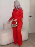 Women's Fashion Beaded Pleated Long Sleeve Turndown Collar Shirt and Wide Leg Pants Two-Piece Set