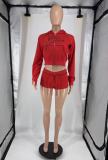 Women's Fashion Letter Print Hooded Zip Color Block Two-Piece Shorts Set