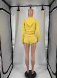 Women's Fashion Letter Print Hooded Zip Color Block Two-Piece Shorts Set