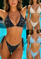 Women's Sexy Solid Color Sequin Lace-Up Two Piece Bikini Swimsuit Women's Sexy Solid Color Sequin Lace-Up Two Piece Bikini Swimsuit