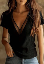 Summer Women's Sexy Mesh Patchwork V Neck Slim Fit Short Sleeve Top Summer Women's Sexy Mesh Patchwork V Neck Slim Fit Short Sleeve Top
