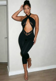 Women Autumn Solid Sexy Sleeveless Halter Cross Lace-Up Jumpsuit