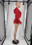Women's Fashion Letter Print Hooded Zip Color Block Two-Piece Shorts Set
