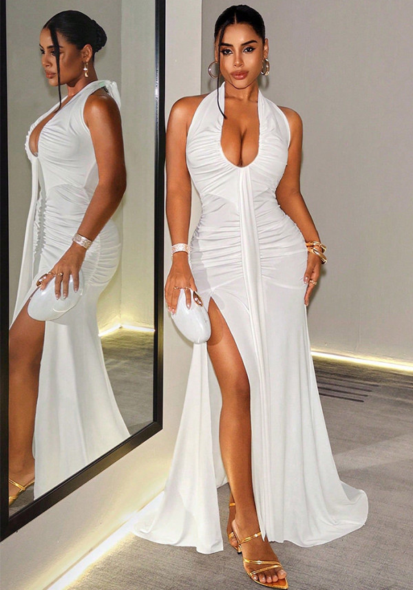 Women Backless Halter V-Neck Slit Formal Party Bodycon Dress