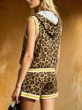 Women's Casual Leopard Print Hooded Sleeveless Vest and Shorts Two-Piece Set