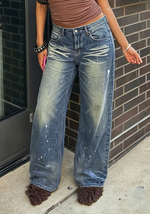 Women's Ink Splash Loose Wide Leg Denim Pants