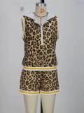 Women's Casual Leopard Print Hooded Sleeveless Vest and Shorts Two-Piece Set