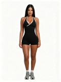Women's Sexy Halter Neck Contrast Strap Solid Color Bodysuit