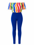 Women's High Stretch Color Block Off Shoulder Top Solid Color Tight Fitting Pants Two-Piece Set