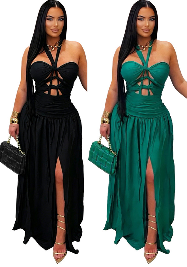 Women Halter Cutout Lace-Up Party Slit Dress