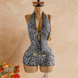 Women Leopard Sequin V-Neck Romper