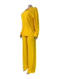 Women's Fashion Beaded Pleated Long Sleeve Turndown Collar Shirt and Wide Leg Pants Two-Piece Set