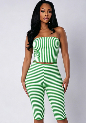 Women Color Block Striped Strapless Top & Capri Pants Two-Piece Set