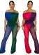 Women Off Shoulder Mesh Ruched Color Block Jumpsuit