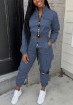 Women's Streetwear Cargo Letter Stand Collar Zip Jacket and Jogger Pants Two-Piece Set