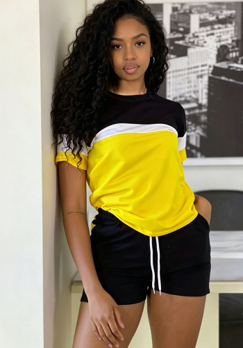 Summer Women's Casual Color Block Short Sleeve T-Shirt and Drawstring Shorts Two-Piece Set