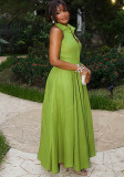 Women Summer Halter Sleeveless V-Neck Button Front Dress