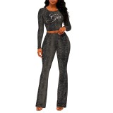 Autumn Women's Casual Printed Long Sleeve Top and Pants Stretch Sport Two-Piece Set