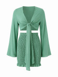 Women's Party Textured Lace-Up Top and Pleated Bodycon Mini Skirt Two-Piece Set