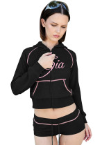 Women's Fashion Letter Print Hooded Zip Color Block Two-Piece Shorts Set Women's Fashion Letter Print Hooded Zip Color Block Two-Piece Shorts Set