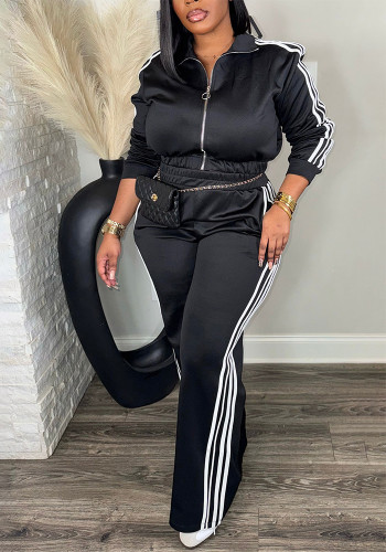 Women's Streetwear Sport Side Stripe Long Sleeve Zip Top and Wide Leg Pants Two-Piece Set