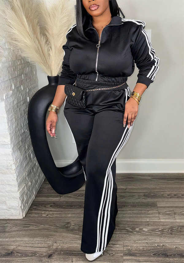 Women's Streetwear Sport Side Stripe Long Sleeve Zip Top and Wide Leg Pants Two-Piece Set
