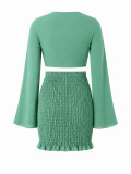 Women's Party Textured Lace-Up Top and Pleated Bodycon Mini Skirt Two-Piece Set