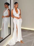 Women Backless Halter V-Neck Slit Formal Party Bodycon Dress