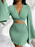 Women's Party Textured Lace-Up Top and Pleated Bodycon Mini Skirt Two-Piece Set
